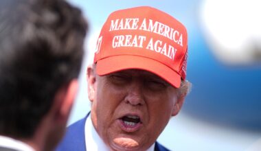 President Donald Trump speaks with reporters upon arriving at Morristown Municipal Airport in Morristown, N.J., Friday, June 20, 2025. (AP Photo/Manuel Balce Ceneta)