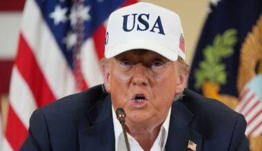 President Donald Trump speaks during a roundtable discussion with first responders and local officials at Hill Country Youth Event Center in Kerrville, Texas, during a tour to observe flood damage, Friday, July 11, 2025. (AP Photo/Jacquelyn Martin)