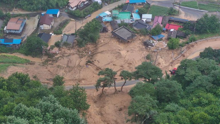 Houses collapsed from a landslide in Sancheong, Pic: Kim Dong-chun/Yonhap via AP