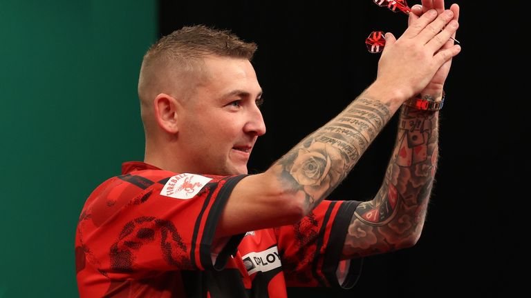 Nathan Aspinall v Matt Campbell during the first round of the 2025 bet365 US Darts Masters - credit PDC Darts