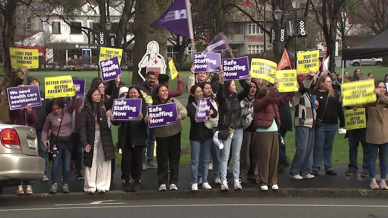 Striking nurses hold a rally in Dunedin. 
