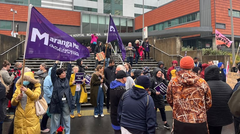 Striking nurses protest in Wellington. 
