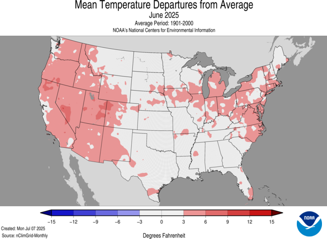 Map of the U.S. showing temperature departures from average for June 2025 with warmer areas in gradients of red and cooler areas in gradients of blue.