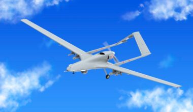 Bayraktar TB2 unmanned aerial vehicle gliding through the clouds.