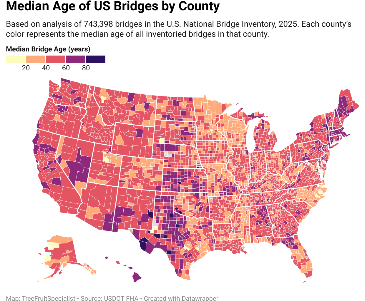 How Old Are Your County’s Bridges? Median Age of U.S. Bridges Mapped [OC]