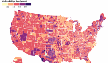 How Old Are Your County’s Bridges? Median Age of U.S. Bridges Mapped [OC]