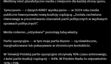 Z danych KRRiT wynika, że partie opozycyjne otrzymały 16% czasu antenowego, z kolei partie koalicji rządzącej 84%. To mniej więcej tyle samo co za czasów PiS-u.