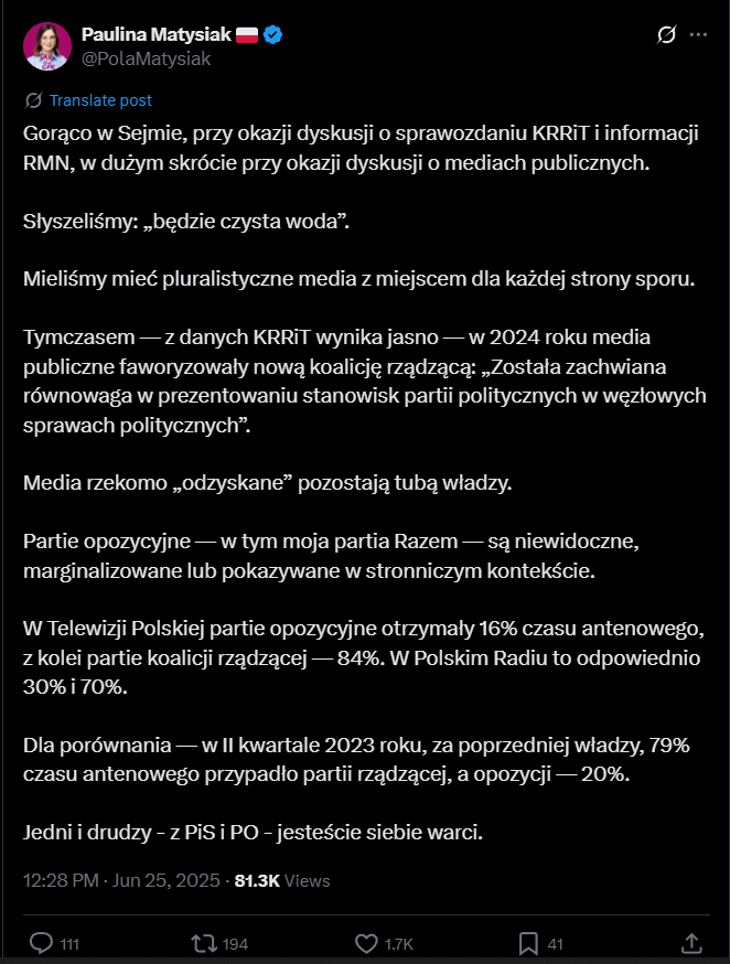 Z danych KRRiT wynika, że partie opozycyjne otrzymały 16% czasu antenowego, z kolei partie koalicji rządzącej 84%. To mniej więcej tyle samo co za czasów PiS-u.