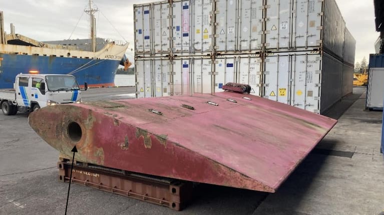 The 14.2 tonne rudder recovered from Tauranga Harbour.