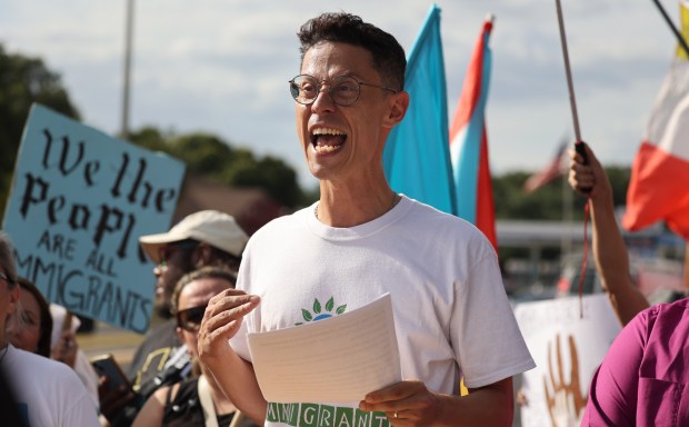 Felipe Sousa-Lazaballet, Executive Director of the HOPE CommUnity Center, speaks during the May Day rally outside the Orange County Jail, on Thursday, May 1, 2025. (Ricardo Ramirez Buxeda/ Orlando Sentinel)