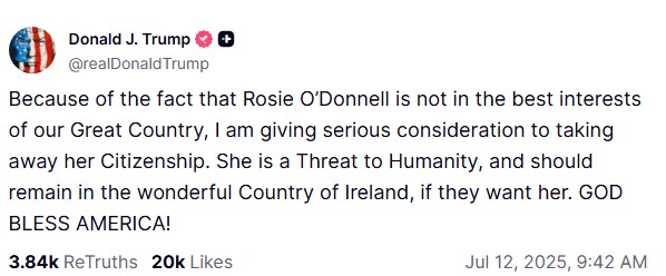 A screenshot of Donald Trump's post on Truth Social.