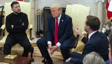 U.S. Vice President JD Vance, right, speaks with Ukrainian President Volodymyr Zelenskyy, left, as President Donald Trump listens, in the Oval Office at the White House on Feb. 28, 2025, in Washington. (AP Photo/ Mystyslav Chernov, File)
