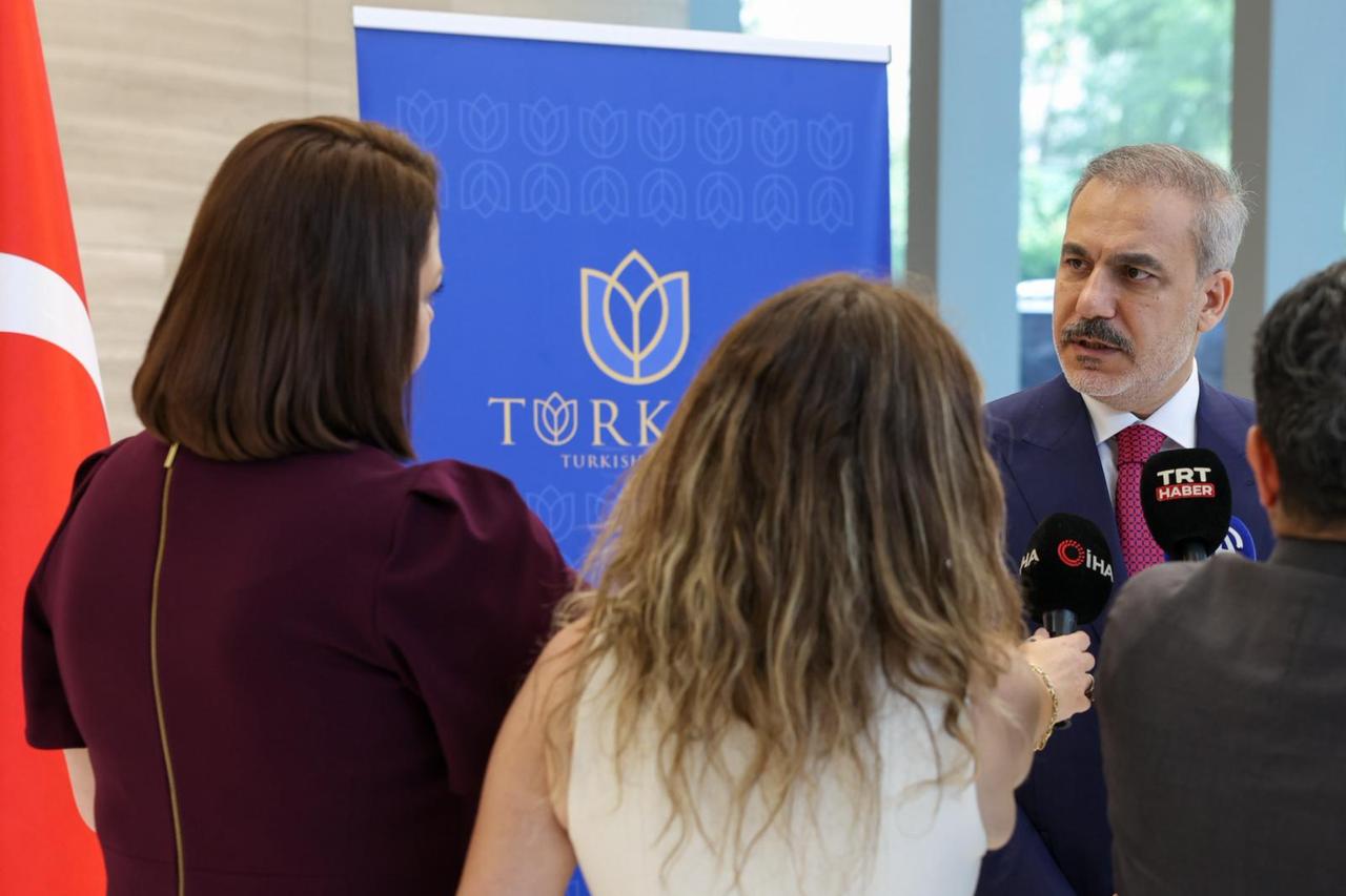 Turkish Foreign Minister Hakan Fidan makes evaluations on the issues about Israeli attacks over Syria to the press members in New York, United States on July 16, 2025. (AA Photo)