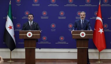 Turkish Foreign Minister Hakan Fidan (R) and the Foreign Minister of the new administration in Syria, Asaad al-Shaibani (L) hold a joint press conference in Ankara, Türkiye on Jan. 15, 2025. (AA Photo)