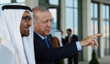 Turkish President Recep Tayyip Erdogan (R) and United Arab Emirates (UAE) President Sheikh Mohamed bin Zayed Al Nahyan (L) chat for a while on the balcony of the Presidential Complex after chairing the first meeting of Turkiye-UAE High-Level Strategic Council in Ankara, Türkiye on July 16, 2025. (AA Photo)