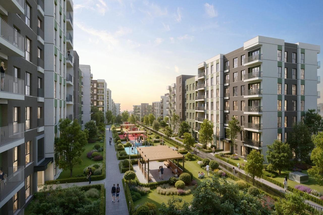 Promotional image depicts the interior courtyard and landscaped communal areas of the Damla Kent housing project in Basaksehir, Istanbul. (Photo via emlakkonut.com.tr)