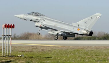 Spanish Air Force single seat Eurofighter Typhoon taking off with afterburner from ALA-11 based in Moron, 05 Jul 2010. (Photo via eurofighter)
