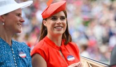 Camilla Walker and Princess Eugenie of York ride in a carriage as they attend day five of Royal Ascot