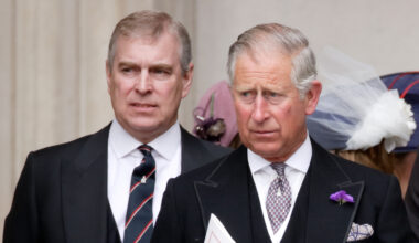 Prince Andrew wears a suit and stands behind King Charles