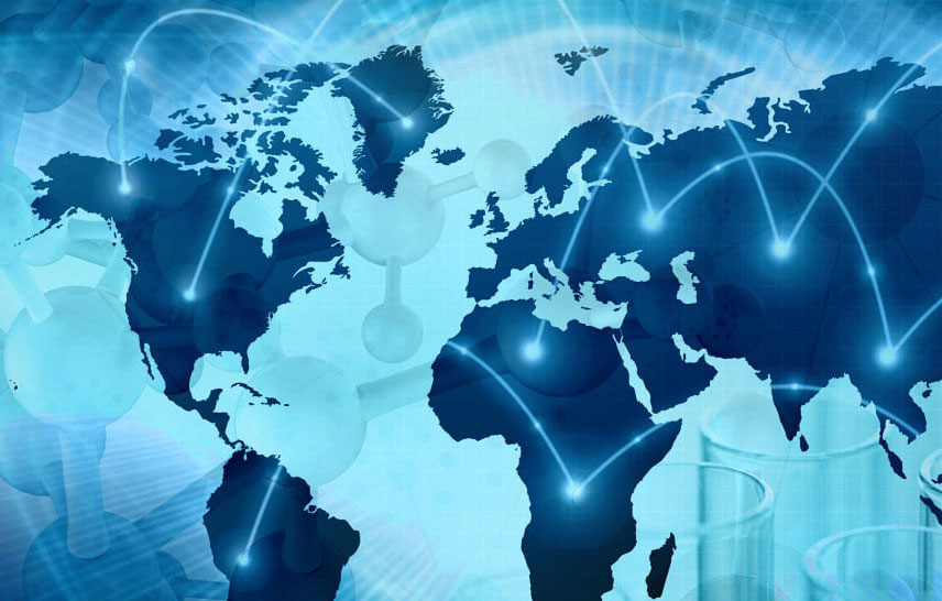A stylized map of the world overlaid with glowing connection lines and molecular structures, representing global collaboration in biological security and scientific surveillance. The image includes faint outlines of laboratory equipment, emphasizing the role of science and technology in health security.