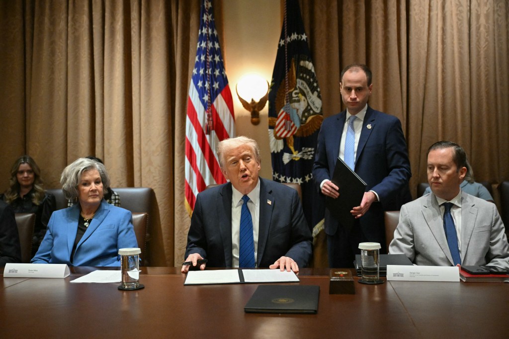President Donald Trump speaks at a meeting in the White House Cabinet Room.