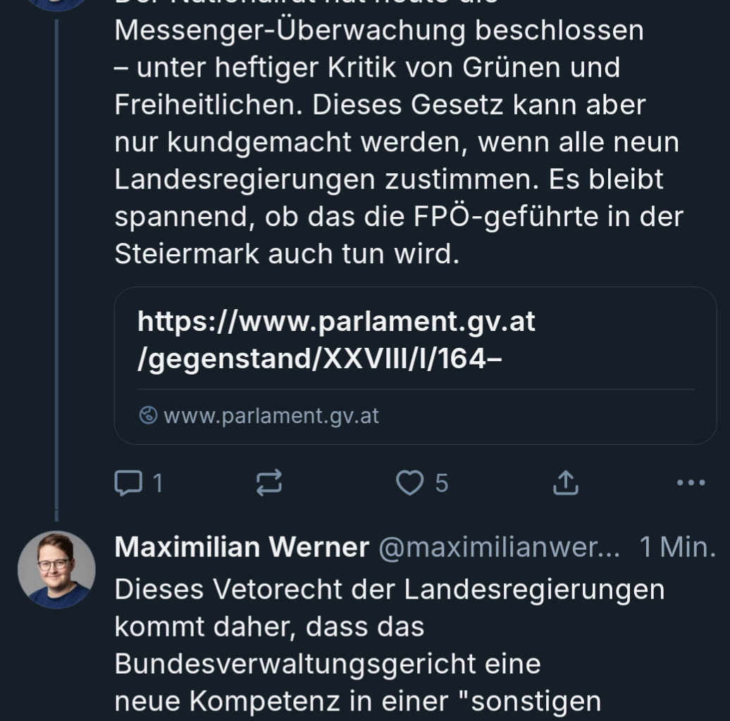 Die Messengerüberwachung braucht aufgrund einer Kompetenzausweitung des BVwG die Zustimmung aller neun Bundesländer