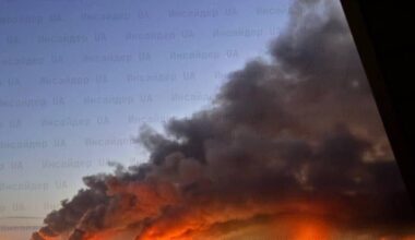 The skyline of the Ukrainian capital city of Kyiv - as buildings are ablaze from hours of Russian kamikaze drone and missile strikes.