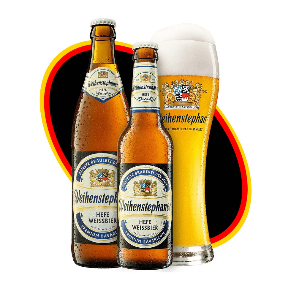 selection of weihenstephan hefe weissbier beers and a glass