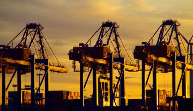 Containerbrücken im Sonnenuntergang im Hafen von Hamburg