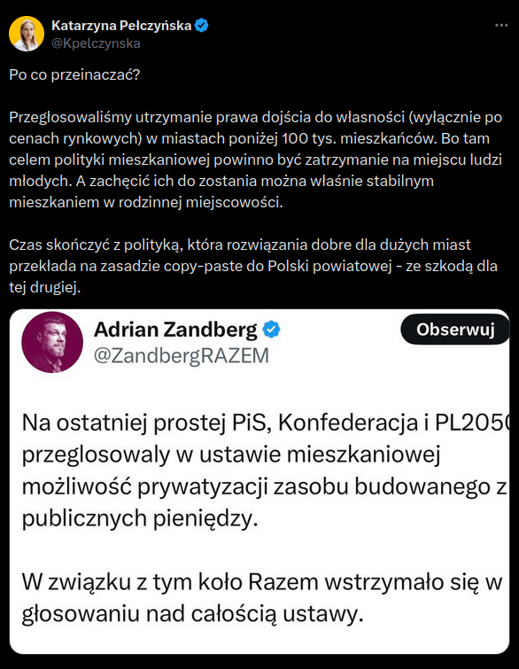 Zandberg prostowany w sprawie ustawy mieszkaniowej