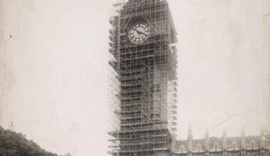 Big Ben under scaffolding, 1930s, 1950s, 1980s and 2020s