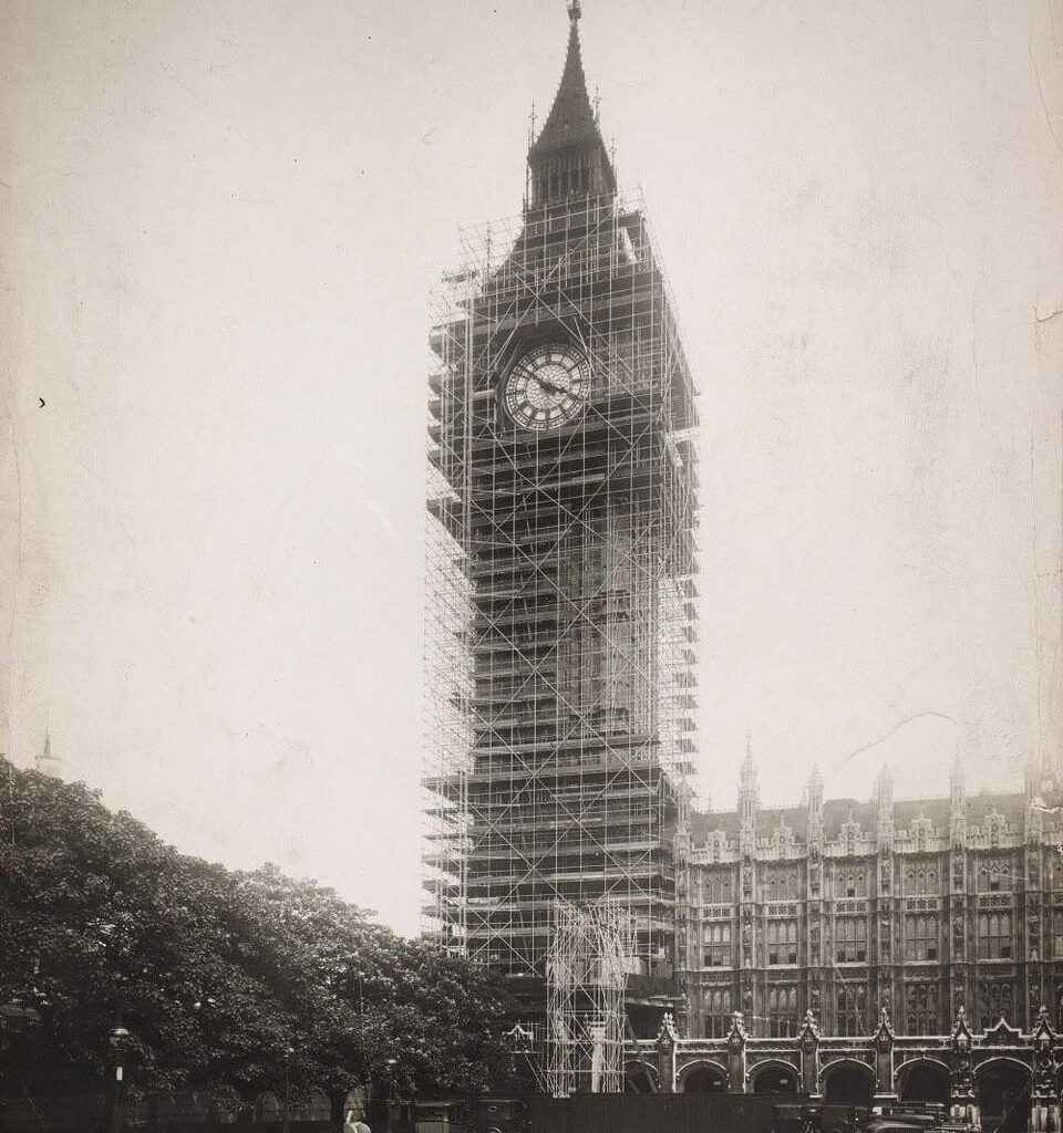 Big Ben under scaffolding, 1930s, 1950s, 1980s and 2020s