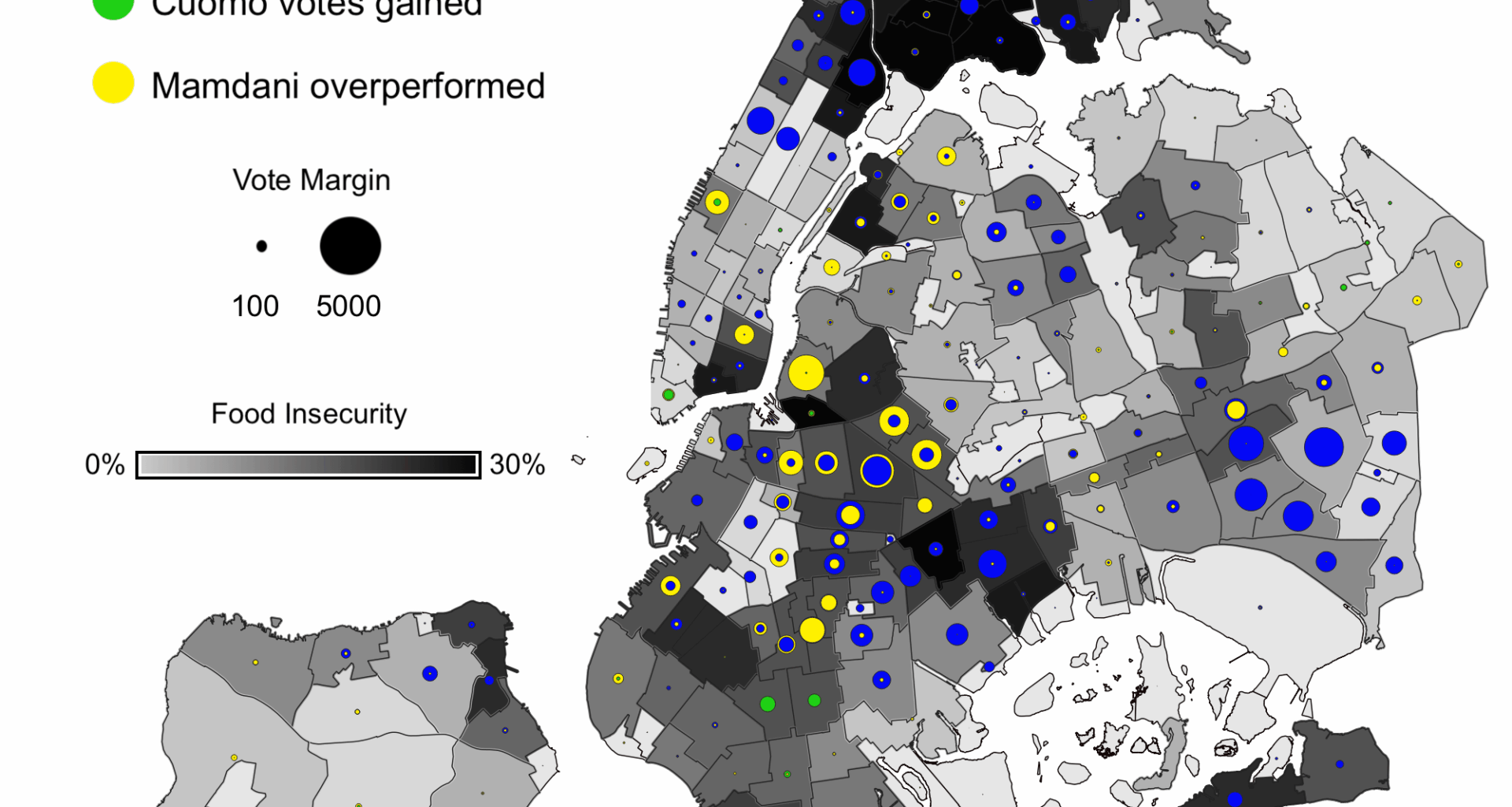 [OC] Zohran Mamdani won over Cuomo's 2018 base in areas with higher food insecurity