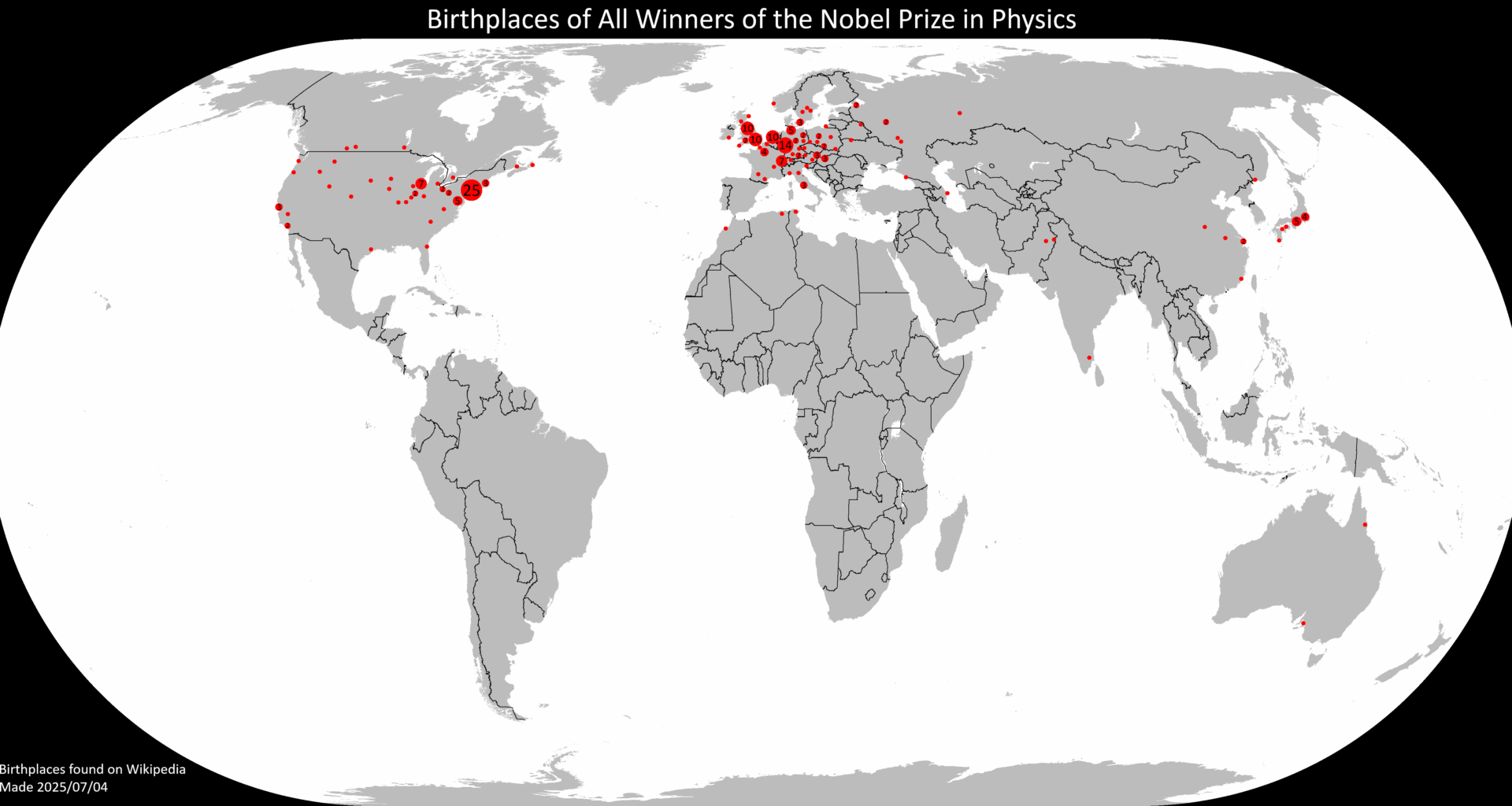 Birthplaces of All Winners of the Nobel Prize in Physics [OC]