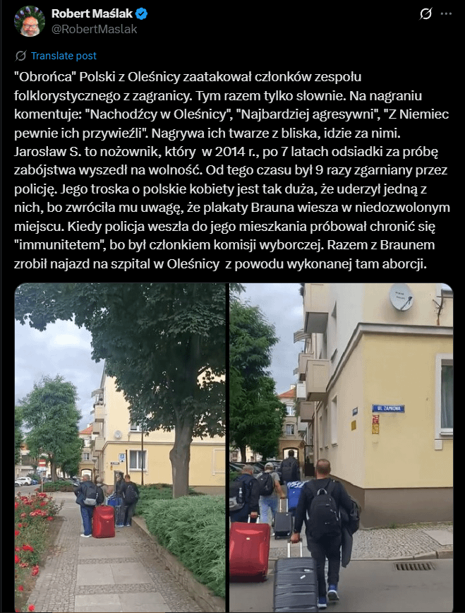 Nagonka na obcokrajowców rozpędza się. W obronie bieli narodu przed zespołem folklorystycznym stanął skazany na 7 lat nożownik
