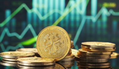 pile of xrp tokens, with one standing in front, with chart lines in green in back ground