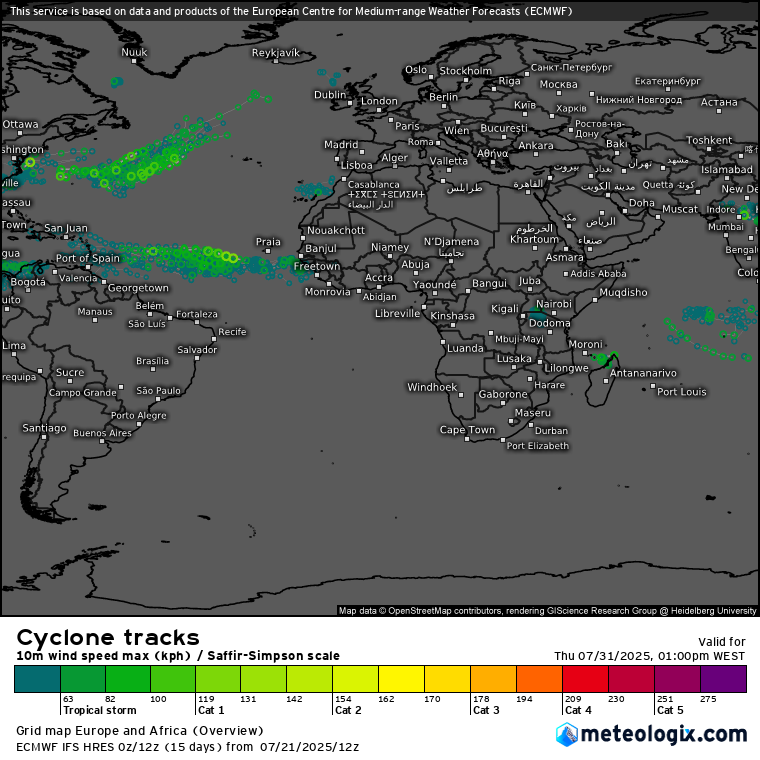 Não descartamos a formação de algum ciclone tropical nos próximos 15 dias, mas os sinais para tal, para já, são fracos - previsão ECMWF