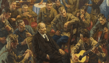 "V.I. Lenin with Latvian Riflemen in the Kremlin on May 1, 1918" (1957), Latvian SSR. Artist: Otto Yakobovich Skulme (1889-1967)