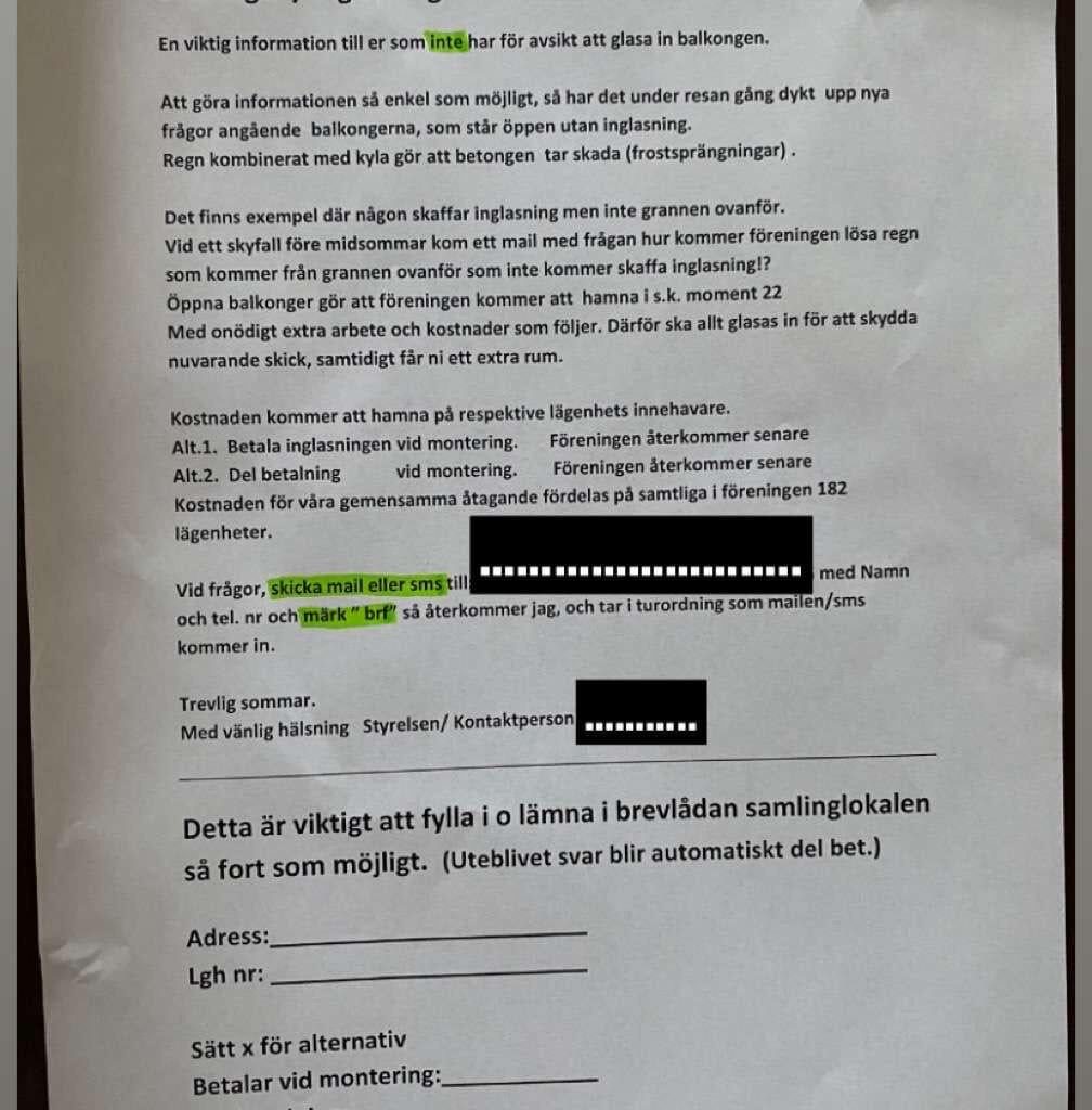 Tvingas att glasa in balkongen av BRF