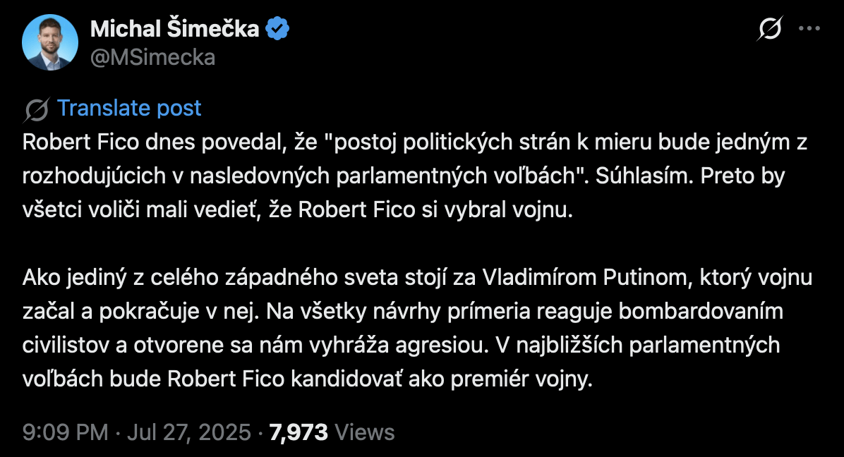 "Robert Fico bude kandidovať ako premiér vojny." Michal Šimečka