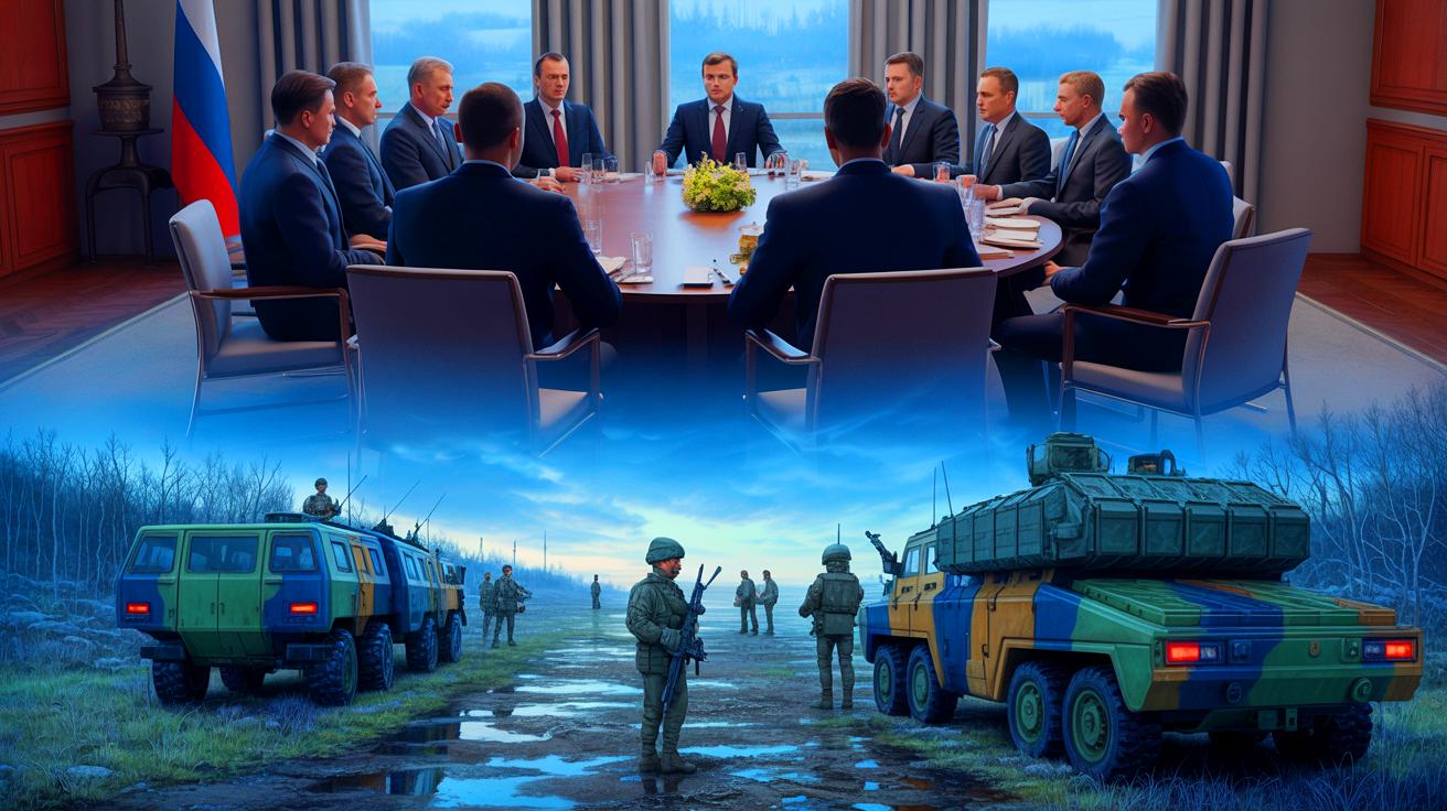 Illustration von geopolitischen Spannungen zwischen Russland und der Ukraine und deren globale Auswirkungen. Bild durch KI generiert.