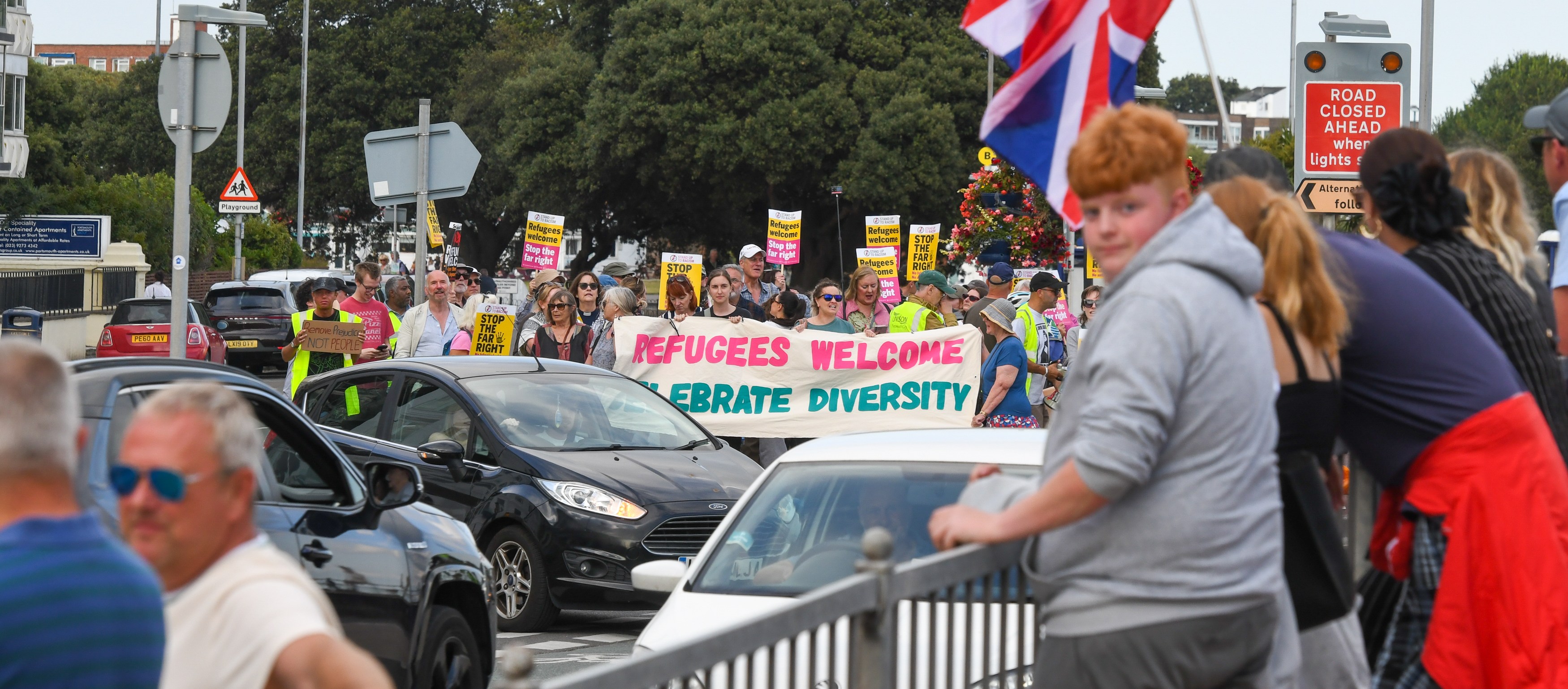 Counter-protestors and anti-migrant demonstrators face off in Southsea.