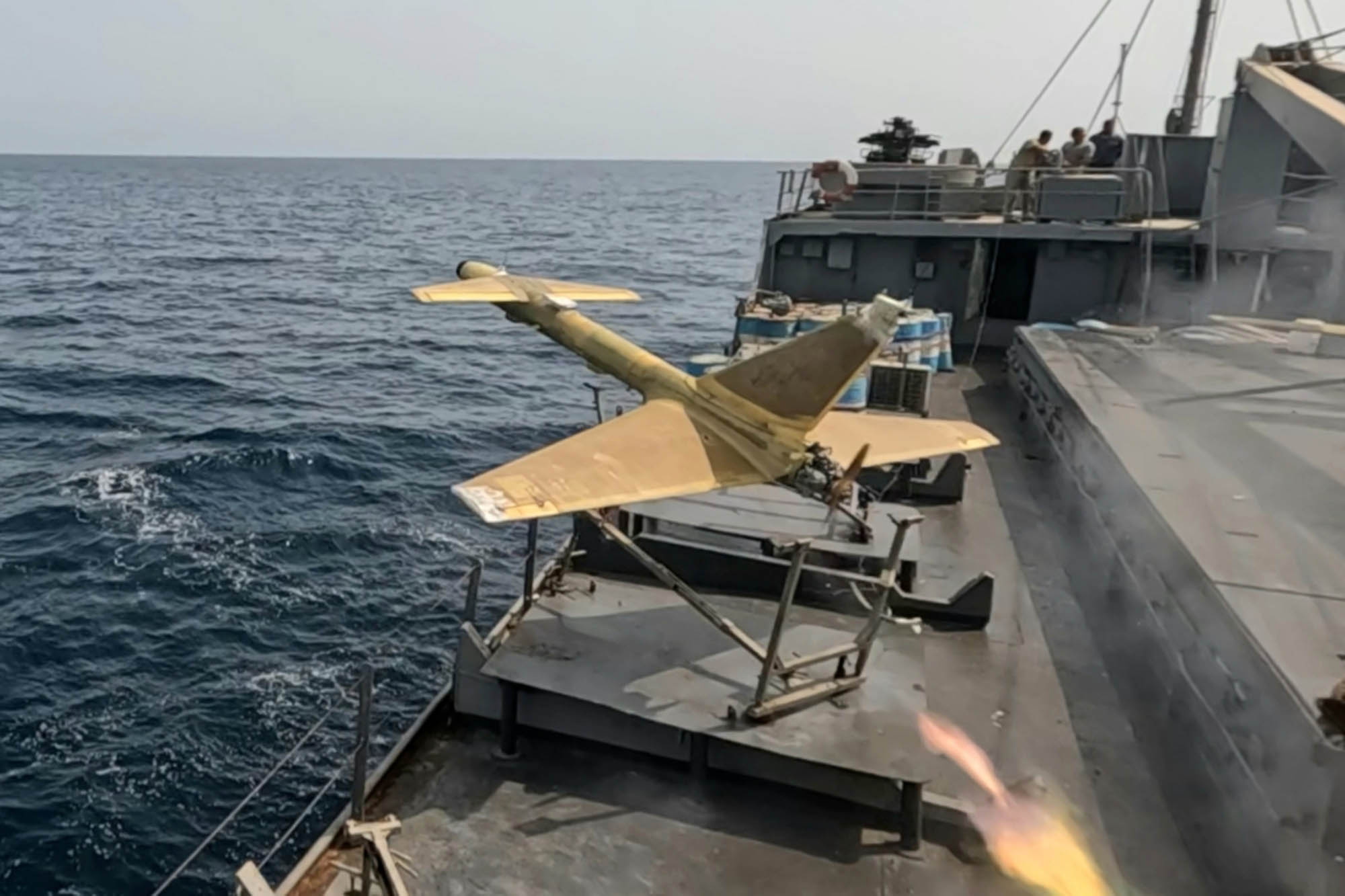 Drone launching from ship during Iranian military drills in the Sea of Oman.