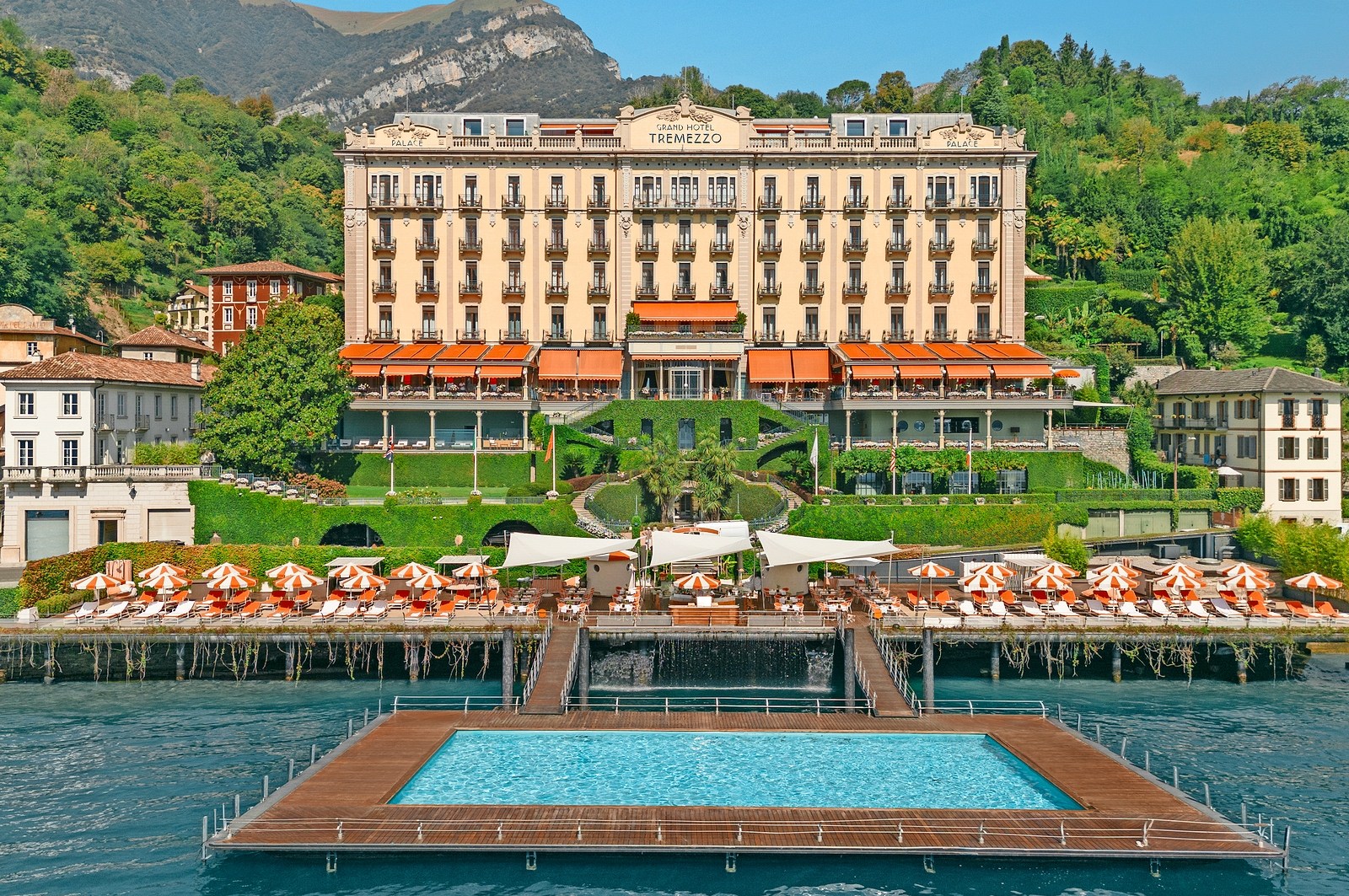 Grand Hotel Tremezzo in Tremezzo, Italy, with pool and lake view.