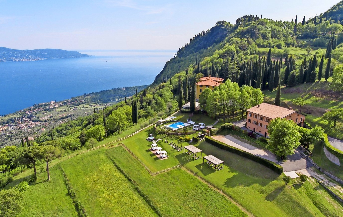 Aerial view of Villa Sostaga in Gargnano, Italy.