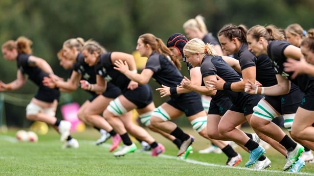 21 August 2025; Ireland players during an Ireland Women's Rugby squad training session at Towcestrians Sports Club in Towcester, England. Photo by Harry Murphy/Sportsfile