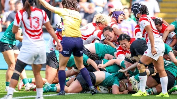 24 August 2025; Neve Jones of Ireland scores her side's second try during the Women's Rugby World Cup 2025 Pool C match between Ireland and Japan at Franklin's Gardens in Northampton, England. Photo by Harry Murphy/Sportsfile