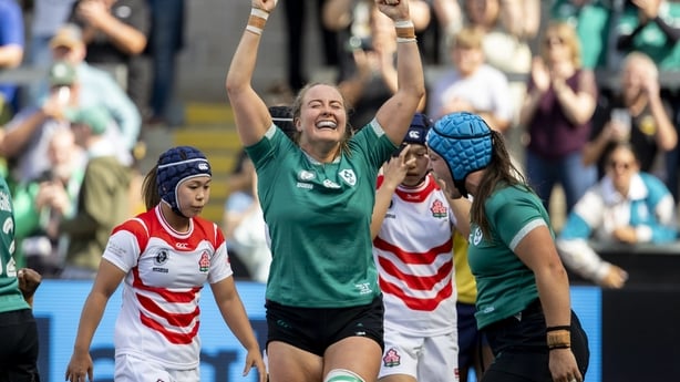 NORTHAMPTON, ENGLAND - AUGUST 24: Fiona Tuite celebrates after Ireland scores a Try during the Women's Rugby World Cup 2025 Pool C match between Ireland and Japan at Franklin's Gardens on August 24, 2025 in Northampton, United Kingdom. (Photo by Sam Mellish/Getty Images)