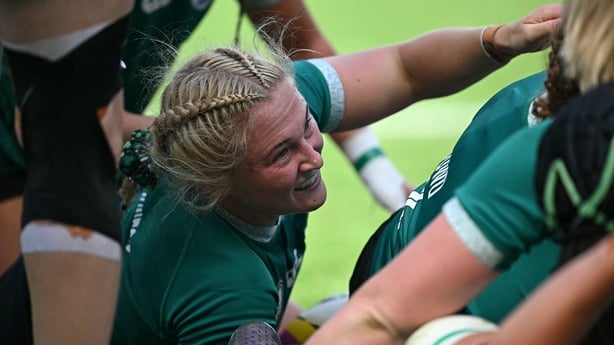 Ireland's hooker Neve Jones celebrates after scoring the team's second try during the Women's Rugby World Cup pool C match between Ireland and Japan at Franklin's Garden