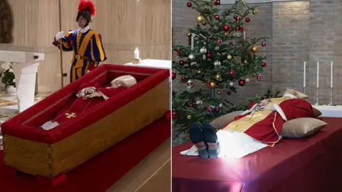 Getty Images Left hand image- Pope Francis lies in the chapel of Casa Santa Marta in a lined wooden coffin. Right hand image - Pope Benedict XVI lying in the Chapel of the Mater Ecclesiae Monastery, located in the Vatican Gardens, before his lying in state in 2023